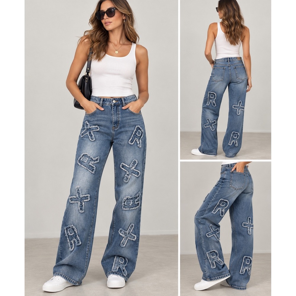 Womens Y2K Baggy Leg Patchwork Jeans Frayed Letter Streetwear Blue Denim 32